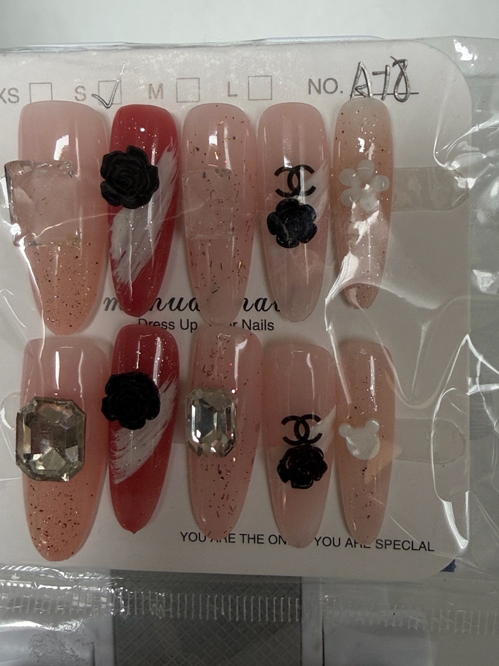Luxury Nude & Pink Press-On Nails with Black Rose Accents New